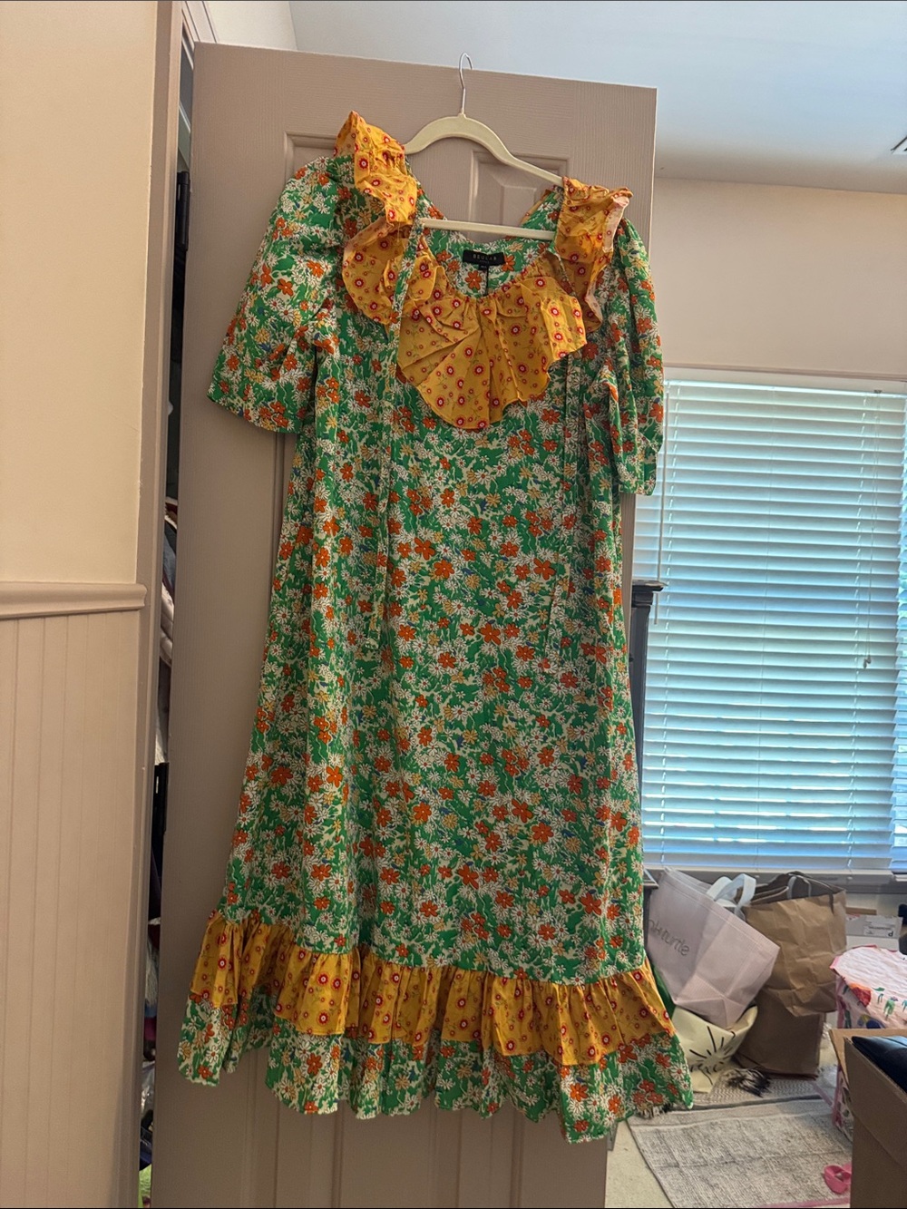 Beulah nwt Green Floral Maxi Dress with Yellow Ruffle Trim
